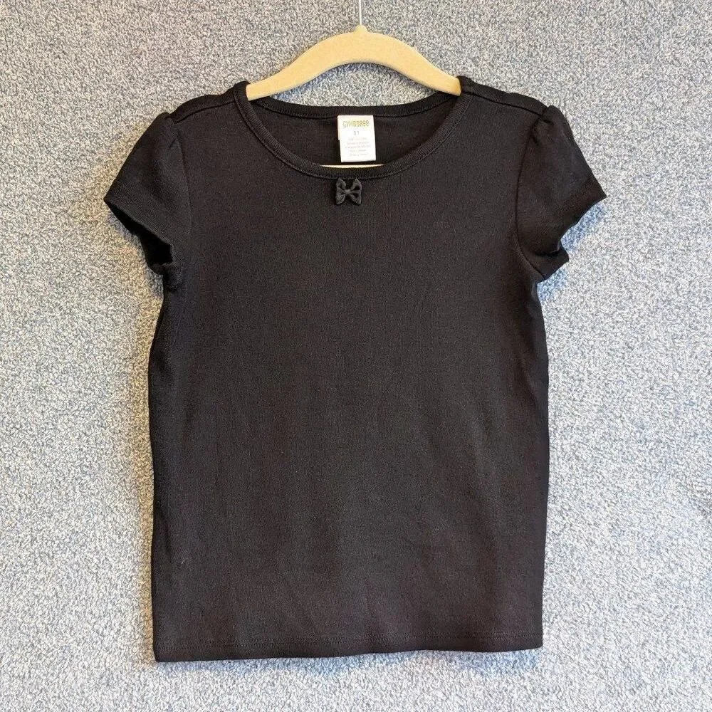 Gymboree Girls Size 5T Solid Black Basic Neutral Bow Detail Short Sleeve Shirt